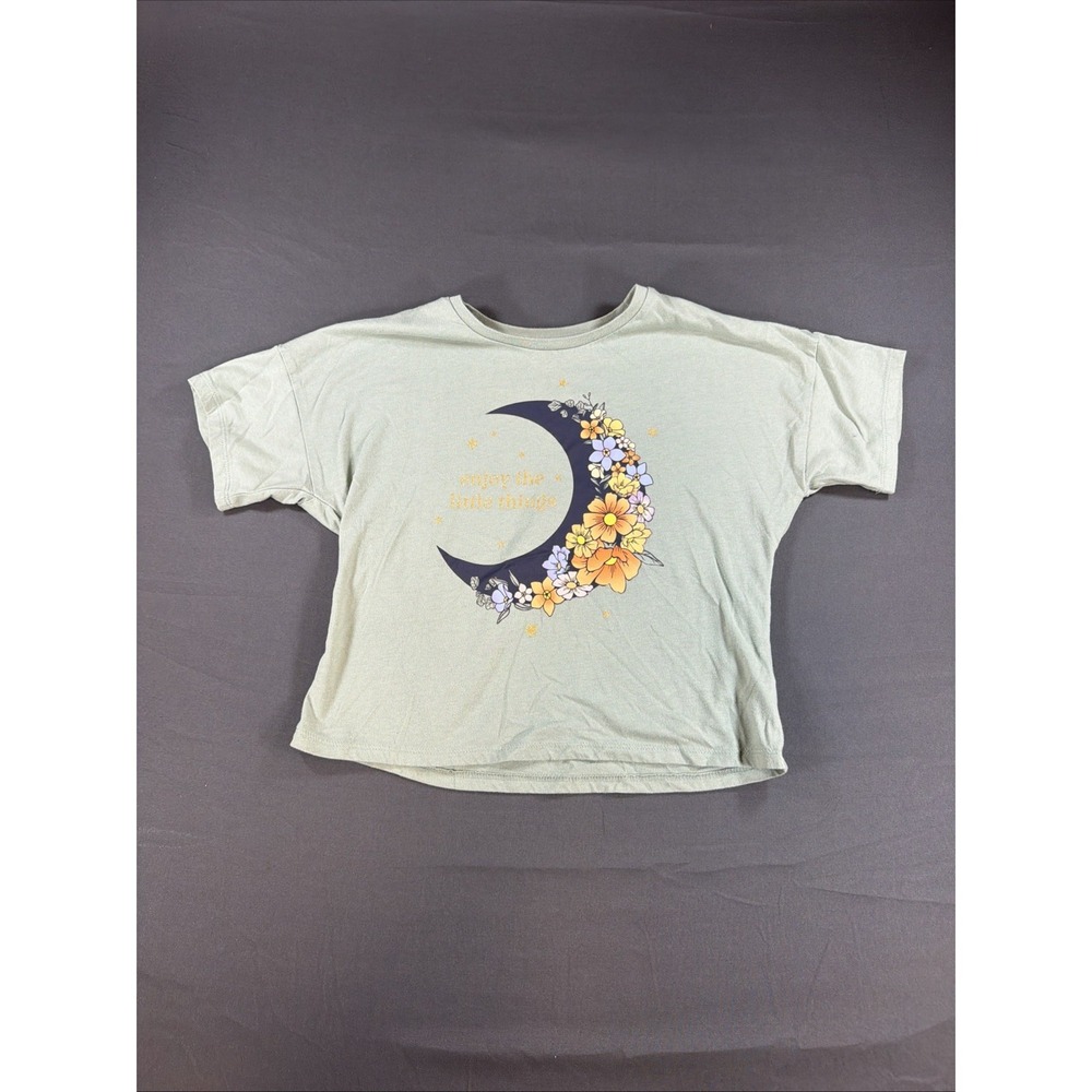 Wonder Nation Girls Green Moon Floral Graphic T-Shirt Short Sleeve Size L 10-12